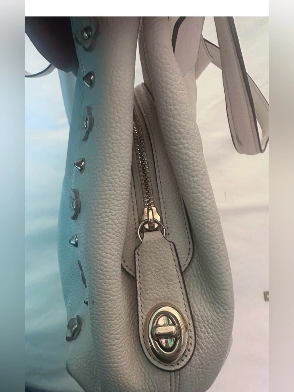 Coach Edie White Pebble Leather Floral Stud Shoulder Tote